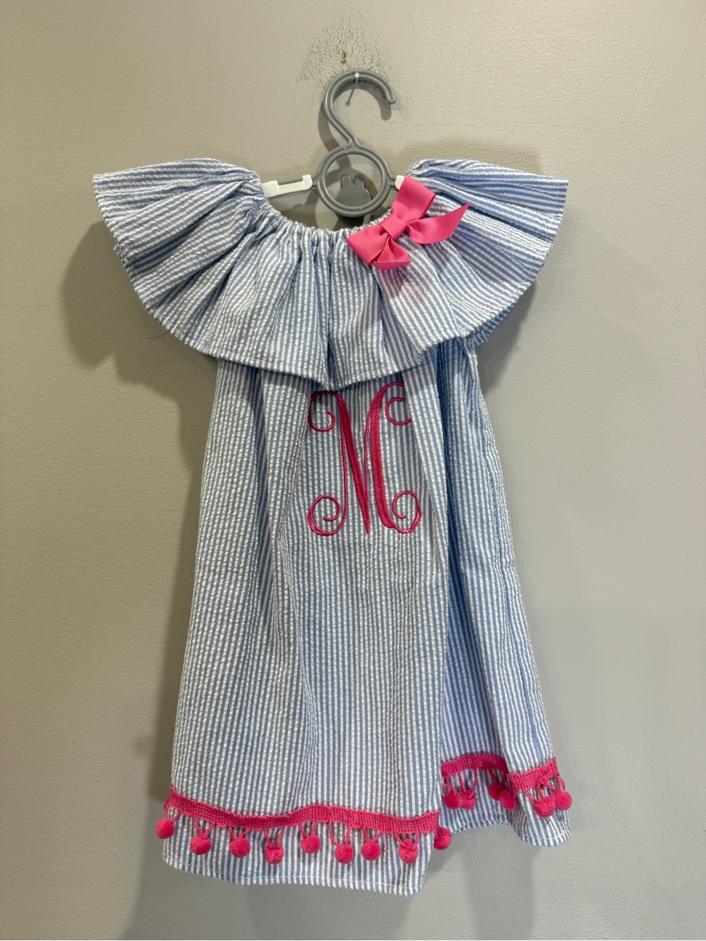 Girls Blue Seersucker Dress with Pink Trim and Monogram